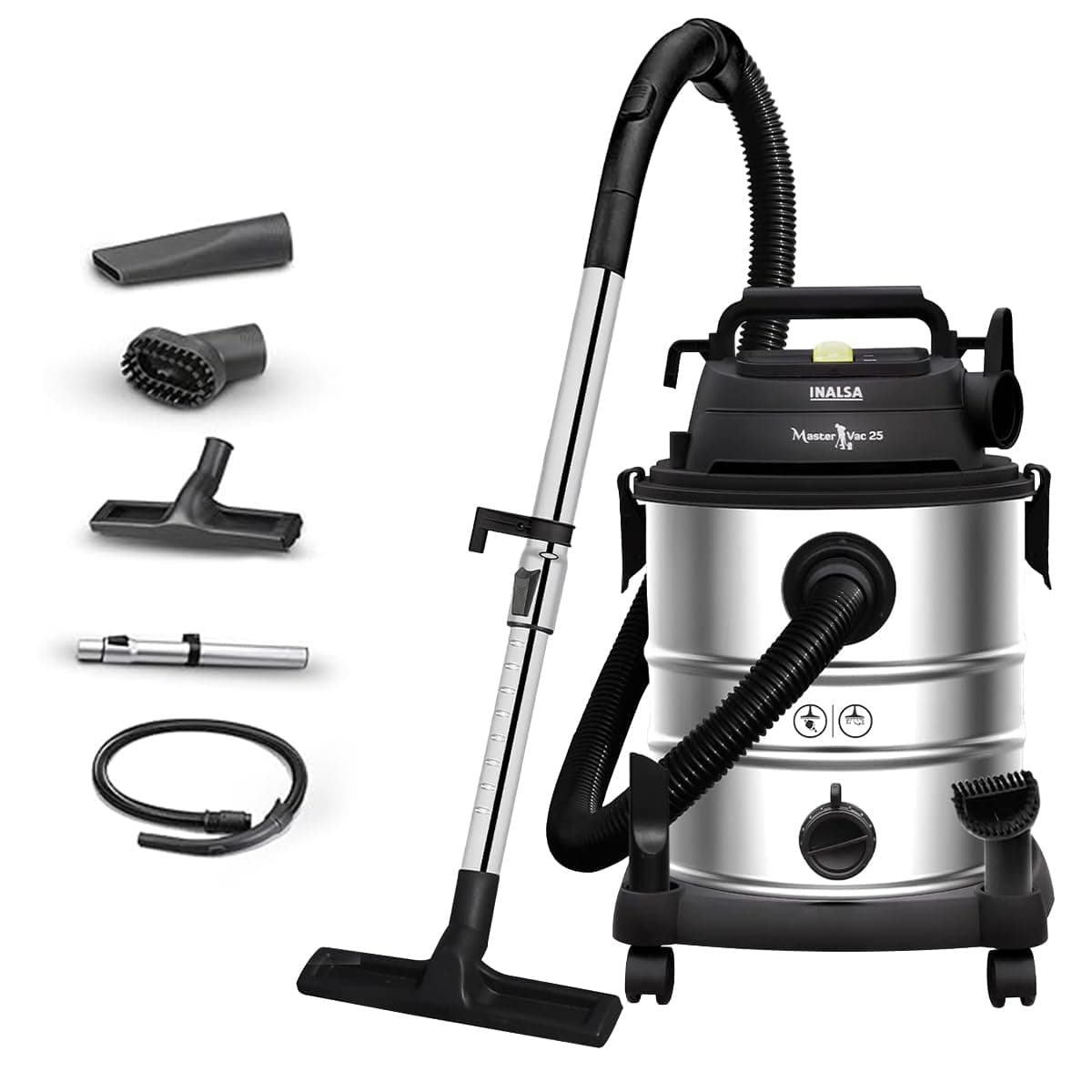 INALSA Vacuum Cleaner Wet and Dry Heavy Duty 1700 W & 25 Ltr Capacity|22KPA Suction|HEPA Filter & Metal Telescopic Tube|2 Year Warranty|SS Metal Tank|For Home,Office,Hotel Cleaning (Master Vac 25)