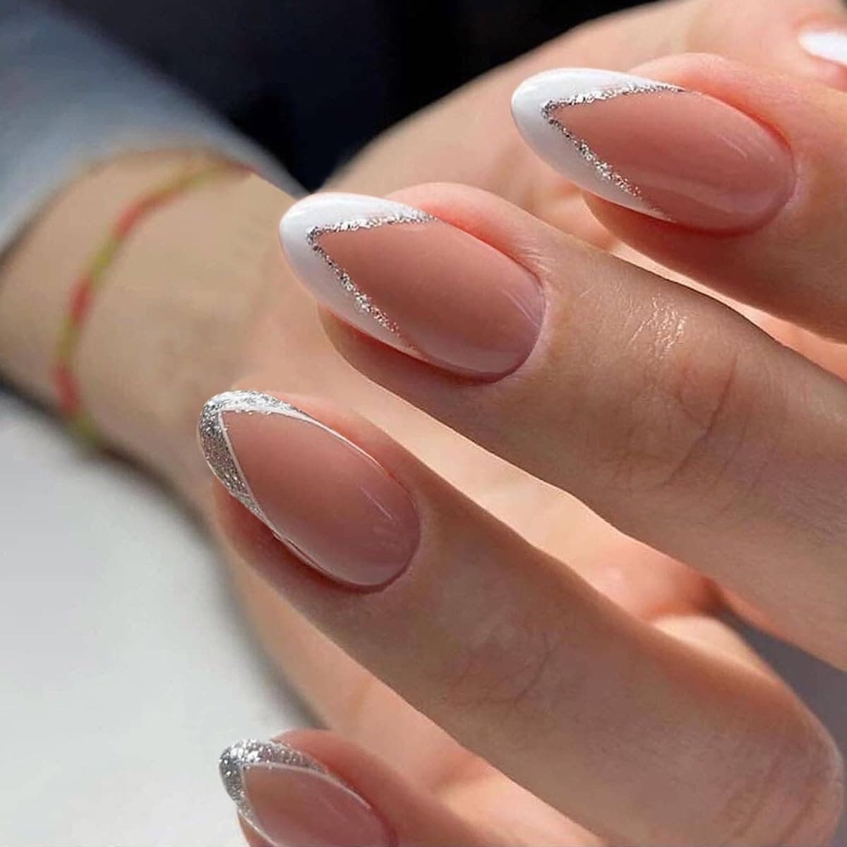 Gush Beauty Press On Nails, Shimmery French Tips - Medium Round | 24 Pack | Salon-style reusable press on nails with glue & adhesive tabs included - long lasting design that applies in minutes.