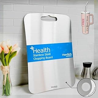 Herrlich Homes Premium 304 Stainless Steel Rectangle Chopping Board for Kitchen | 36 x 25 cm | with 2 Steel Straw & Anti-Skid Silicon Pad | for Cutting Vegetables, Fruits, Meat | Reversible | Large
