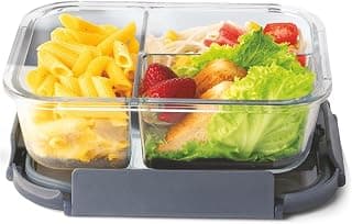 Signoraware Slim Borosilicate Glass Three Compartment Lunch box | Leakproof Silicone seal | Heat Resistant | Great for Office & outdoor Activities | Best for Storing Leftovers (1 Ltr | Clear)