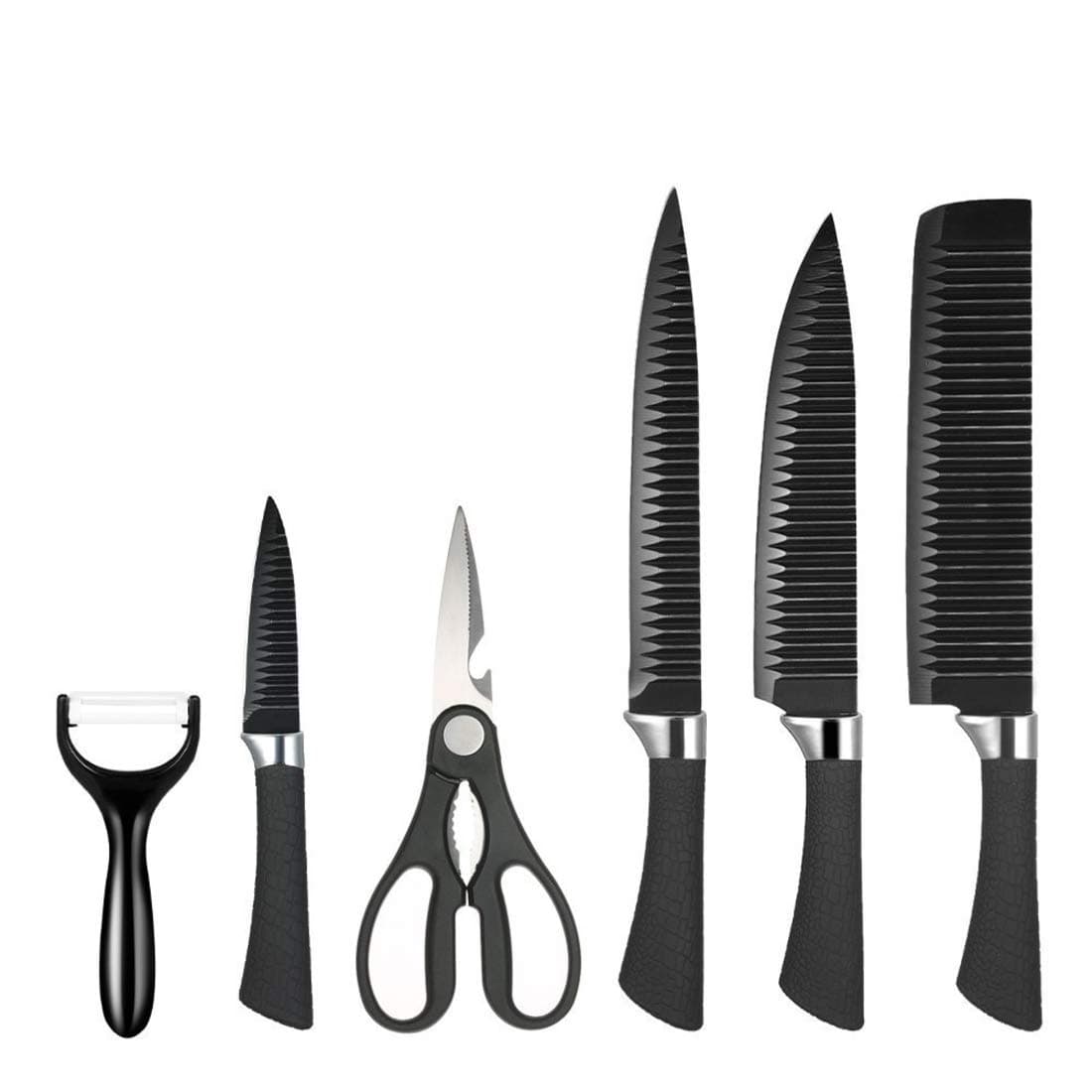 Renesmee 6-Piece Non-Stick Knife Set - High Carbon Stainless Steel - Peeler, Scissor, Box - Ergonomic Handle - Black