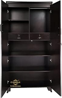 CASPIAN 2-Door Wardrobe (17mm Thick Wood) Coffee Black | Pre-Assembled Almirah with Mirror, Hanging Space, 4 Shelves, 2 Drawers & Secure Locker | Durable Engineered Wood Clothes Storage Cupboard.