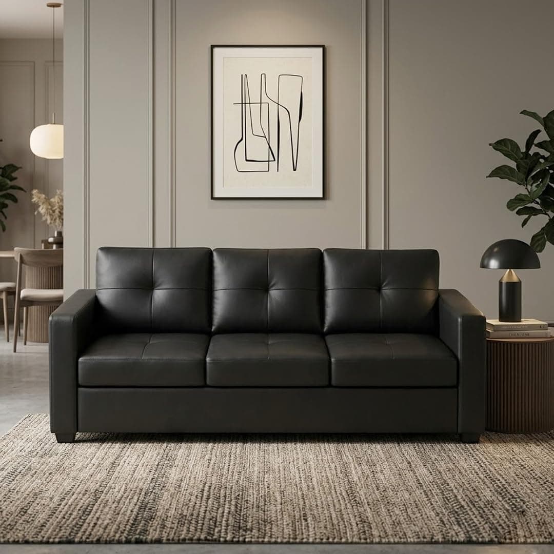 FURNY Harloy 3 Seater Leatherette Sofa Set (Black) in in Premium Finish | Durable Comfort | Ideal for Living Room