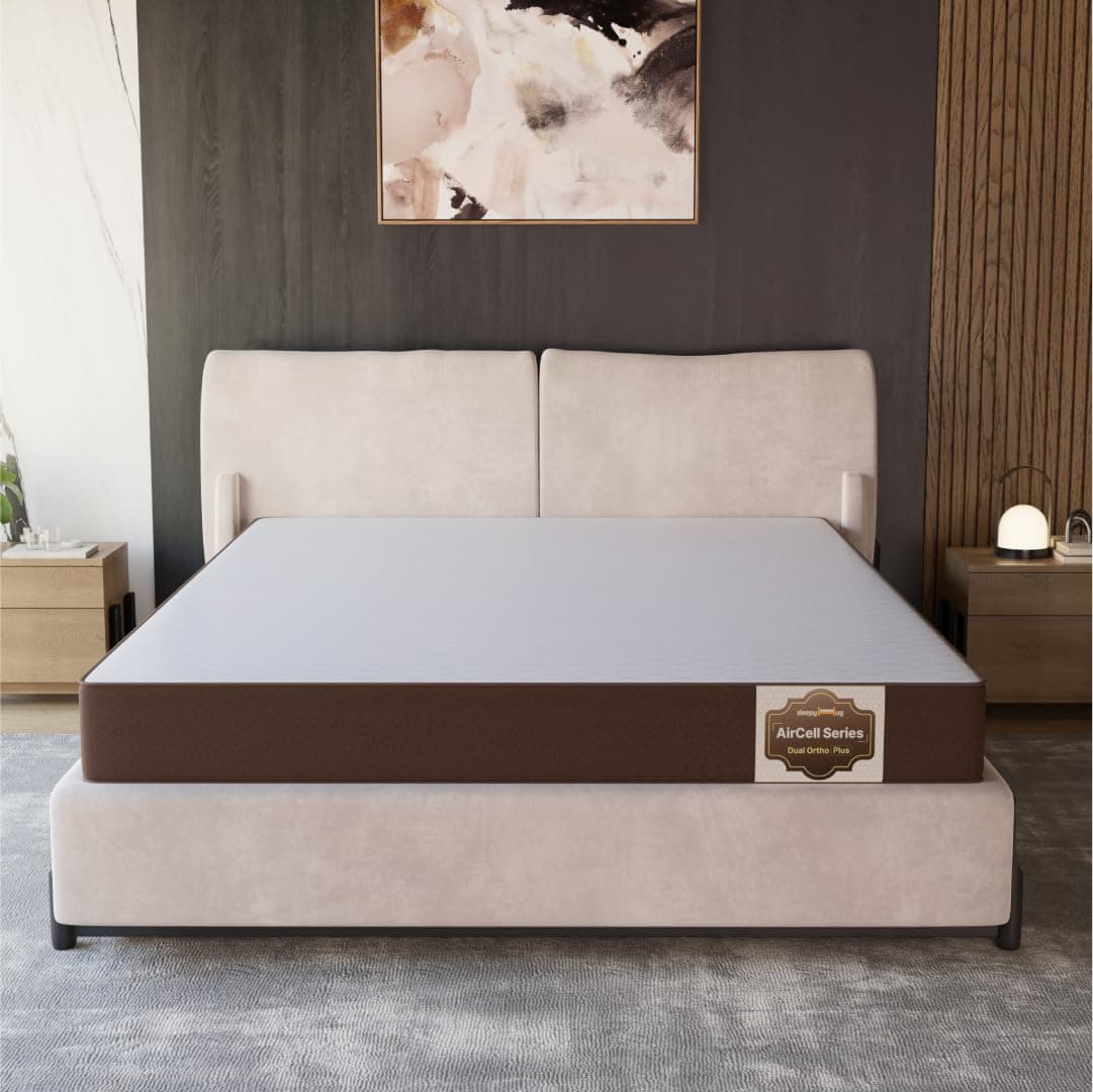 SleepyHug Aircell Ortho Dual Comfort Plus 5 Inch Mattress |Reversible Hard & Soft | 2 Side |7 Years Warranty | Back Pain Relief| Orthopedic | Queen Bed Size Brown (Lxwxh -72X60X5 Inch)