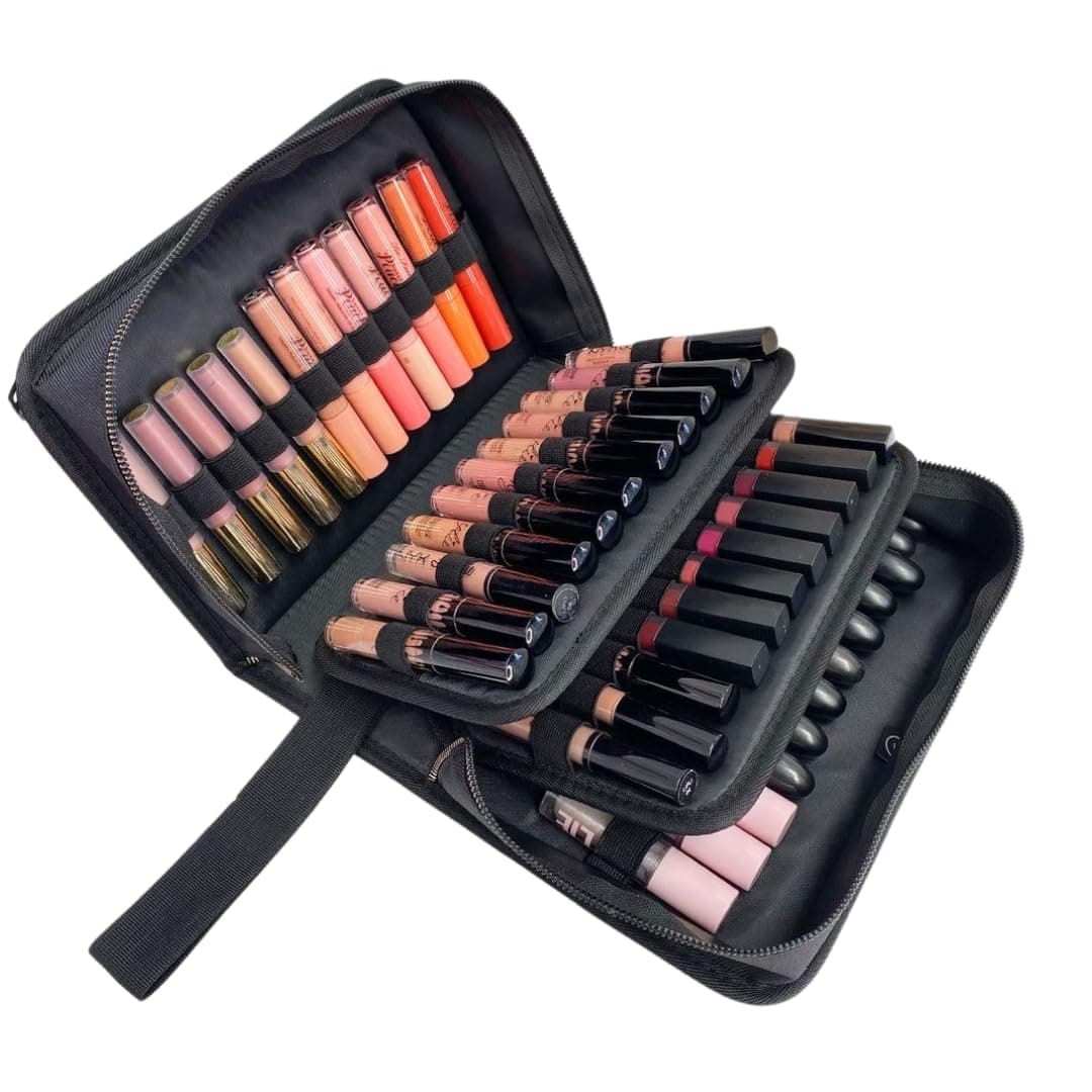 Coslifestore Makeup Organizer Case with Lipstick Slots (Black) | Polyurethane Cosmetic/Makeup/Case Compact Spacious Kit With Lipstick Slots Side Pockets Compartments Keeping Cosmetics