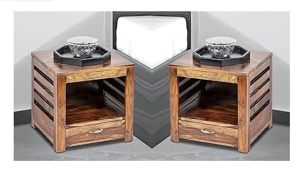 Vivek Wood Solid Sheesham Wood Bedside Table for Bedroom | Handmade Pure Wooden Bed Side Nightstand End Table with 1 Drawer & 1 Open Shelf Storage for Home & Bed Room | Provincial Teak, Set of 2
