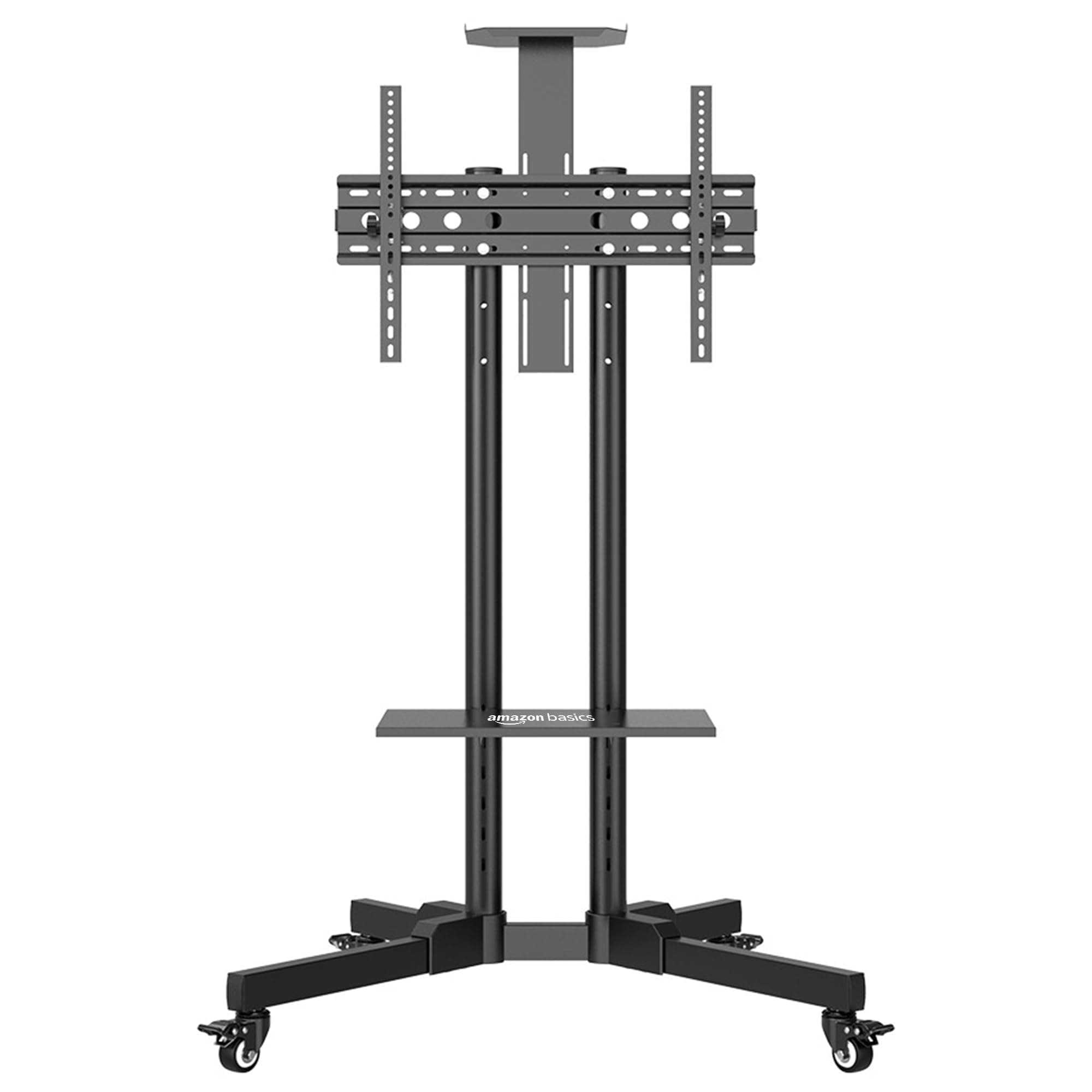 Amazon Basics Adjustable Height Movable TV Stand with Wheels | Rolling Metal TV Trolley/Cart/Mount for 32”-75” Flat/Curved Screens | Height Adjustable with Shelf | Black