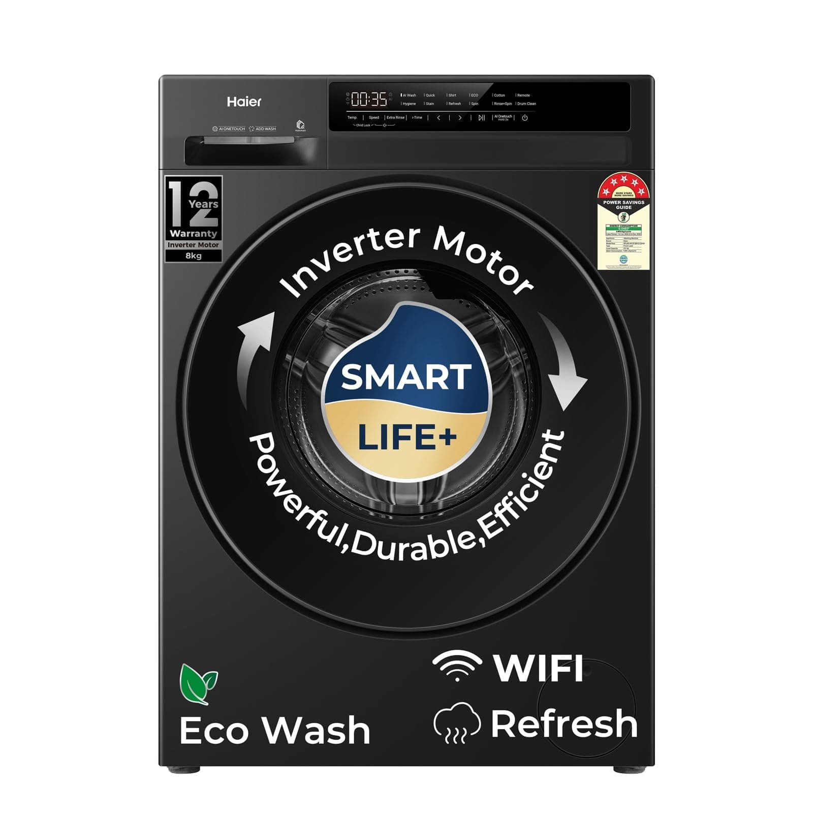 Haier 8Kg, 5 Star, AI One Touch, AI Smart Wash (AI-DBT), PuriSteam with Inbuilt Heater, 525 mm Super Drum, WiFi Fully Automatic Front Load Washer(EFL80-IM12F3BKU1 | Black)