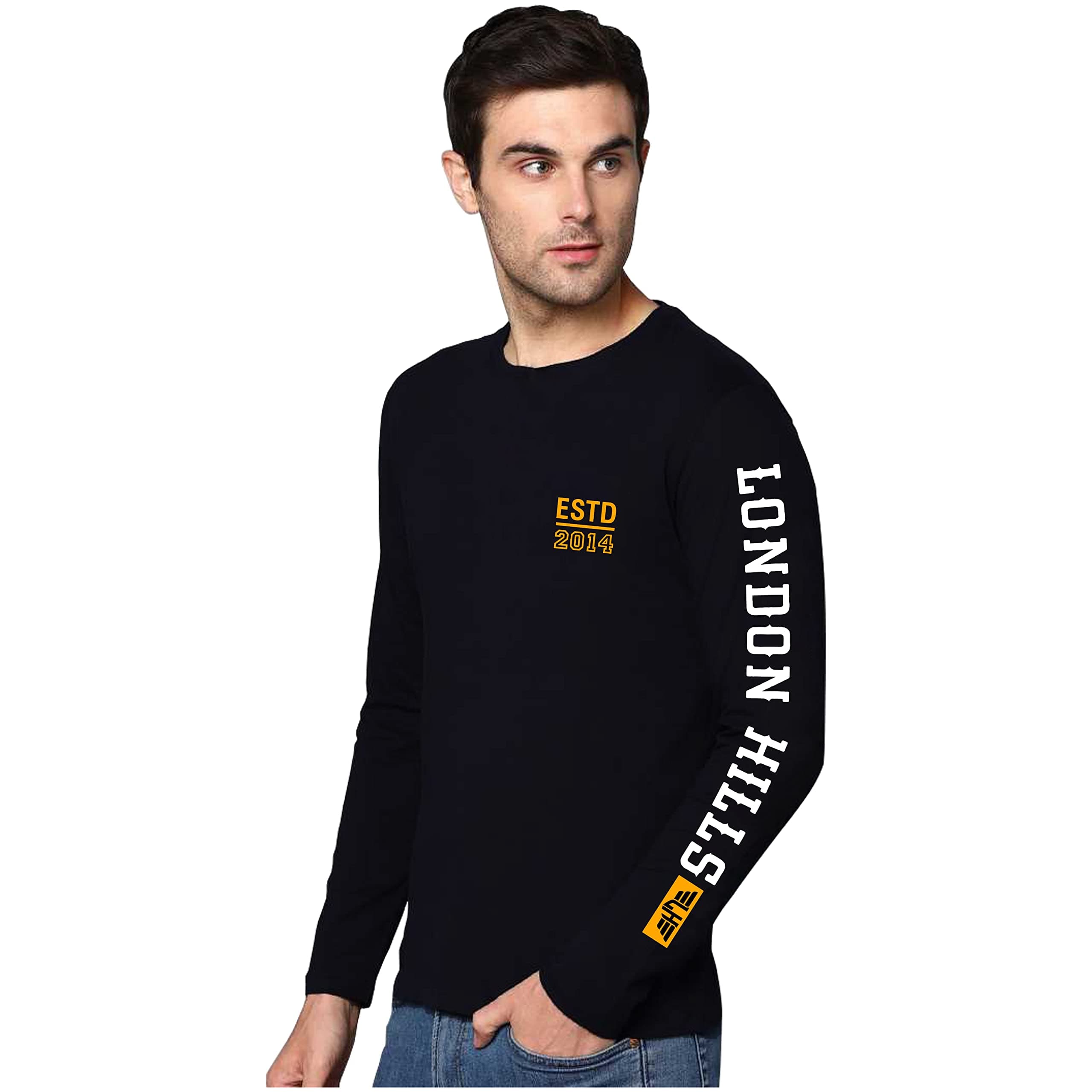 London Hills Cotton Printed Men Round Neck Full Sleeve Black Regular Fit T-Shirt