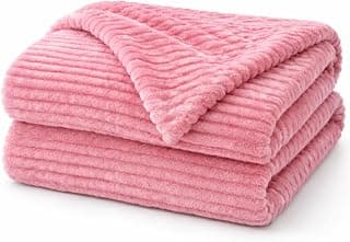 WONJU Premium Ultra Soft Coral Fleece Blanket for Bed & Sofa | Warm Plush Ribbed Throw | Lightweight Cozy Winter Blanket | Machine Washable | Multiple Colors (Pink)