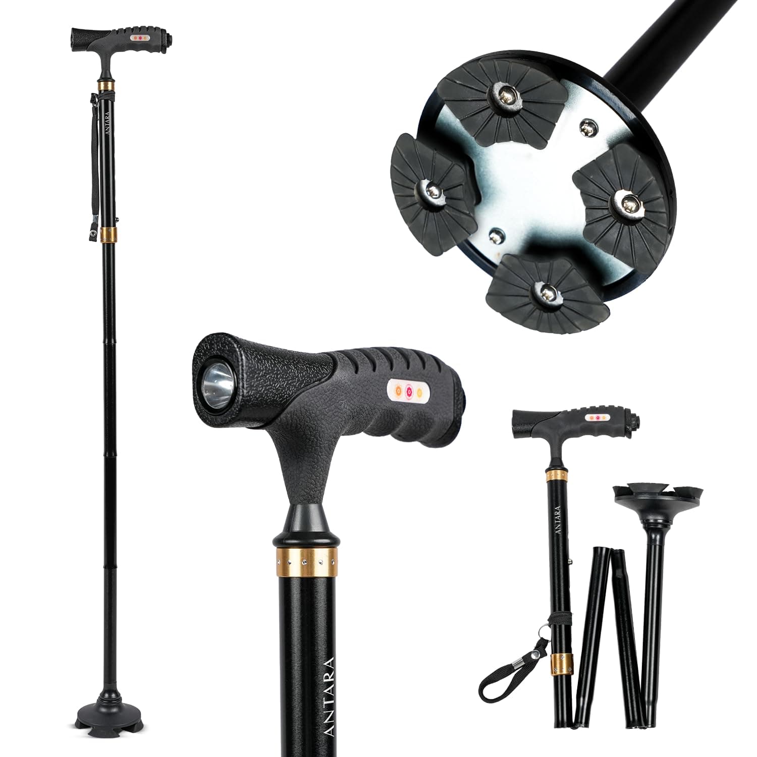AGEasy (Max Group) Foldable Walking Stick with Built-in LED Light | Adjustable Height (85–97 cm) | 360° Pivot Anti-Slip Base, Lightweight Aluminium Cane with Ergonomic Handle (Rich Black)