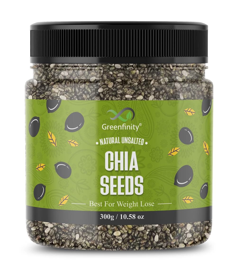 GreenFinity Chia Seeds 300g | Omega-3 clean chia Seeds for Eating | Rich in Calcium, Protein & Fiber, Omega 3 and Antioxidant | Healthy Snacks |