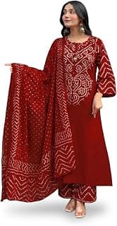 Women's Bandhani Print Kurta Pant Set, Pink, Cotton, Traditional Indian Style with Dupatta