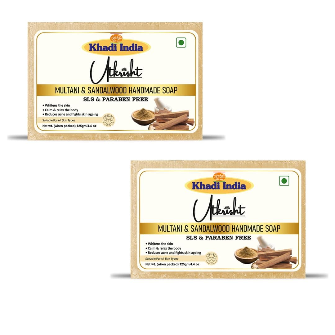Utkrisht Khadi Multani & Sandalwood Handmade Bathing Soap Bar 125g (Pack of 2) | Natural & Herbal | Hydrating, Glowing & Brightening | For Skin Pores & Wrinkles | All Skin Types | For Men & Women