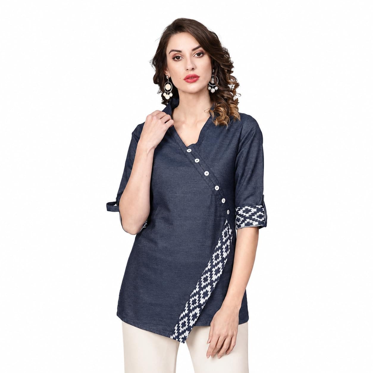 Yash Gallery Women’s Denim Straight Kurti Top with Overlap V-Neck, Button Detail, 3/4th Roll-Up Sleeves & Ethnic Printed Panel for Office & Casual Wear