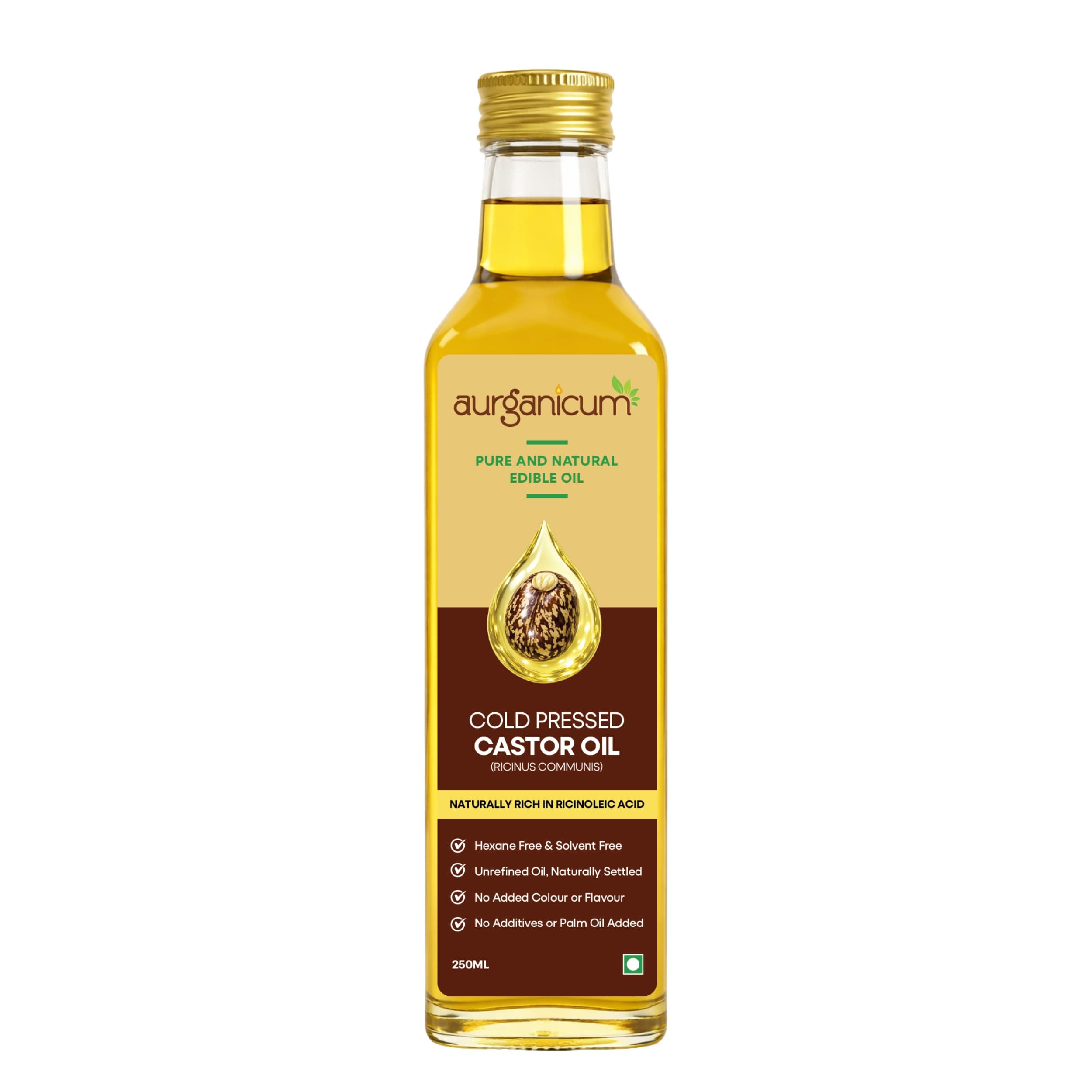 Cold Pressed Castor Oil-250ml (Edible Grade, Hexane Free) for Hair, Skin & Face | Pure Natural Castor Oil for Hair Growth, Eyelashes, Eyebrows & Skin Care | Rich in Ricinoleic Acid – Aurganicum (Glass Bottle)