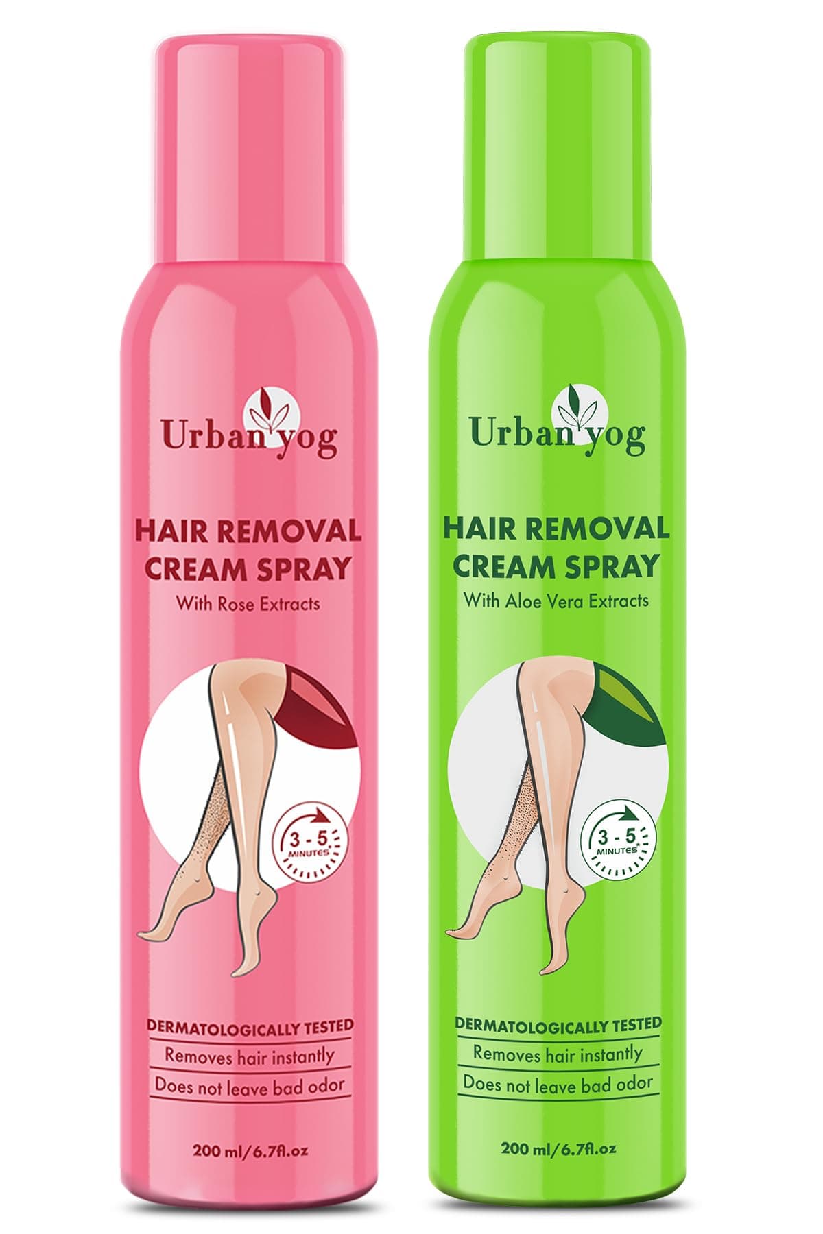 Urban Yog Hair Removal Cream Spray for Women (200 ML * 2 Units) | Combo Flavor - Aloe Vera and Rose | Painless Body Hair Removal Cream