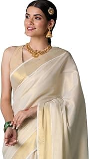 DhevStylish Women's Kerala Kasavu Golden Tissue Plain South Indian Saree with Running Blouse | Saree length: 6.25 Meters | Onam & Wedding saree collections