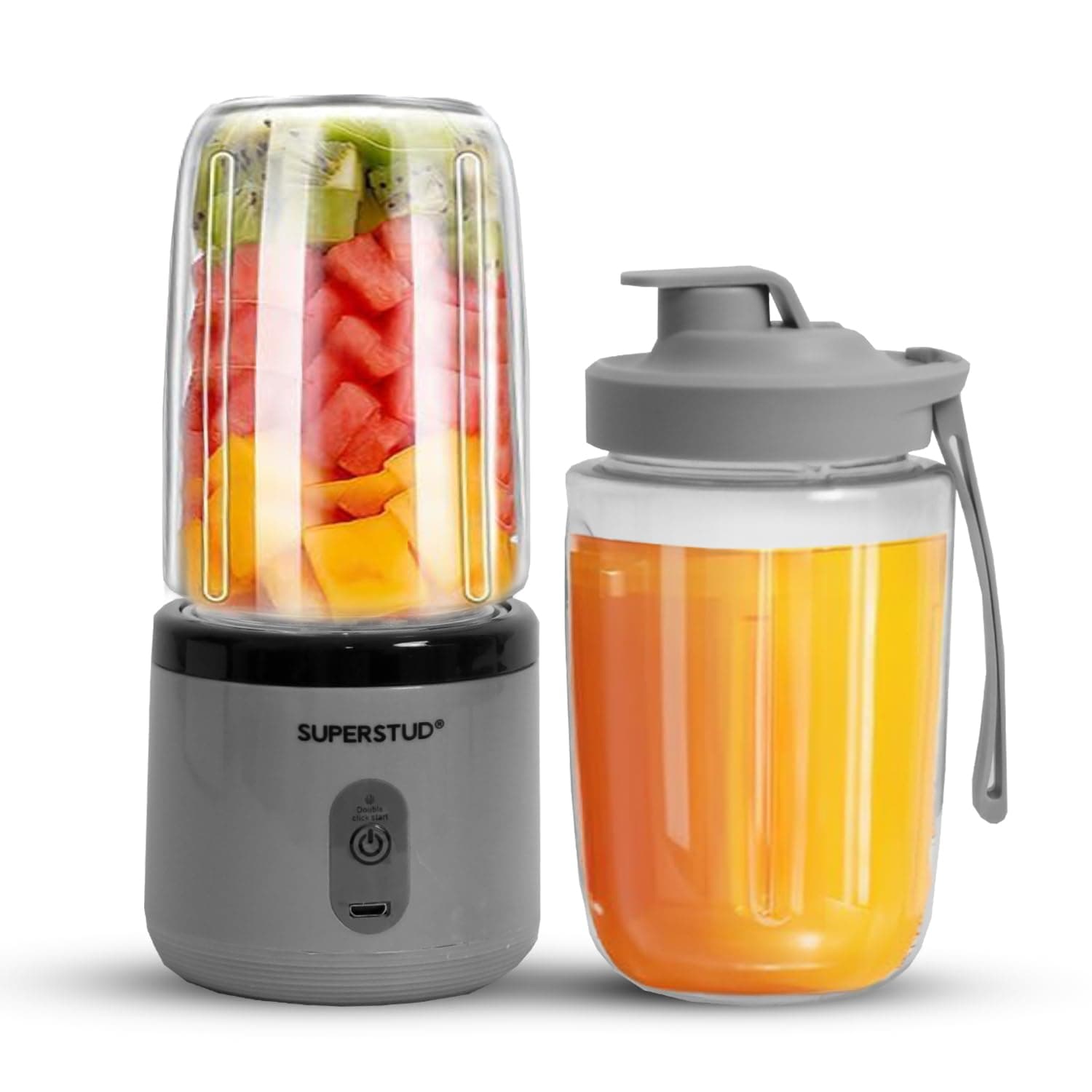 Blender Mixer Grinder | Mini Blender for Smoothies & Juices | 2-Jar Capacity (400ml*2) | 45 Watts Bullet Rechargeable Portable Juicer | Auto-Stop After 40s (ash grey)
