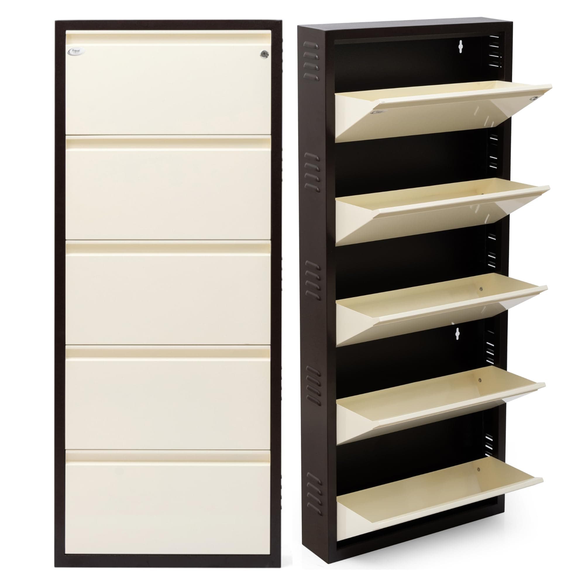 EQUAL 5 Door Metal Shoe Rack for Home | Wall Mounted Steel Shoe Cabinet | Holds 15-18 Pairs | Extra Large | Safety Lock | Rust-Proof Powder Coat | 3-Year Warranty | White & Brown