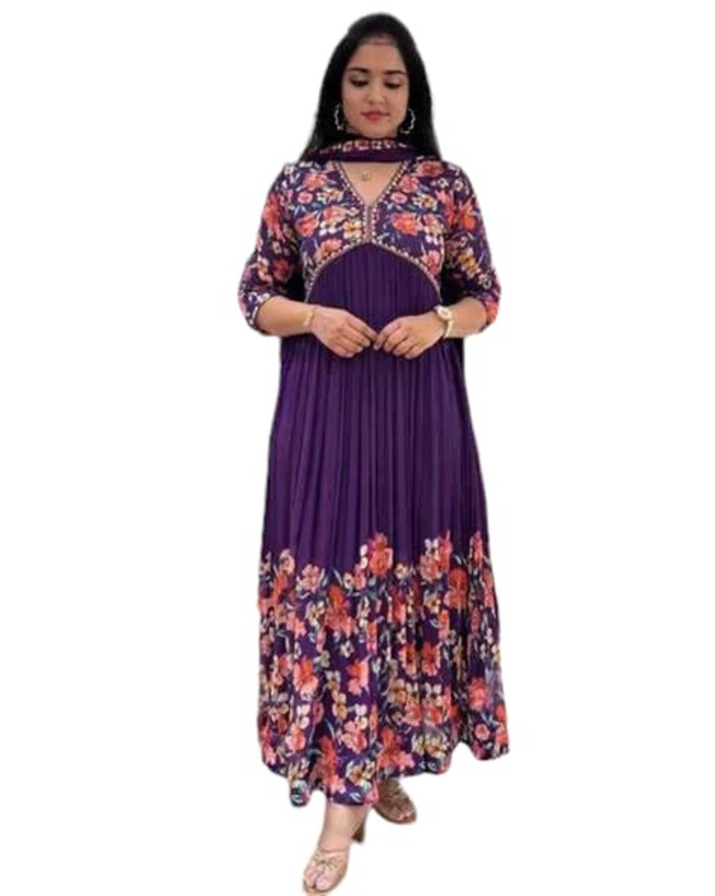 KD Floral Printed Georgette Anarkali Suit for Women | Anarkali Kurta Set with Dupatta, Long Sleeve Kurti | Elegant Georgette Suit for Women Ethnic Kurti with Pant Asymmetric Hemline