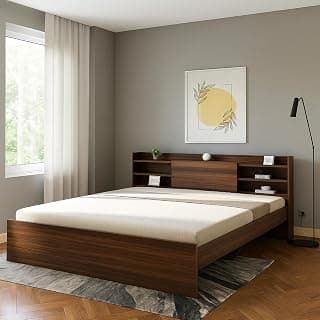 Modern Platform Bed with Storage Headboard, Walnut Engineered Wood, King Size, 203 x 85 cm