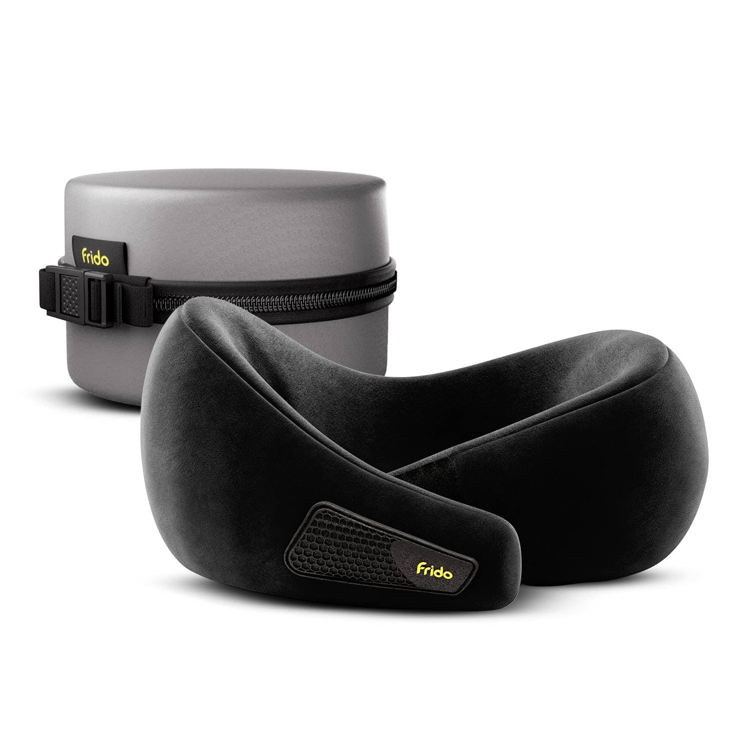 Frido Travel Neck Pillow, 100% Hi-Per Foam, Lightweight Neck Support Pillow, Neck Pillow for Flight Travel, Memory Foam, Adjustable Velcro Straps, Free Travel Pouch (Core Black)