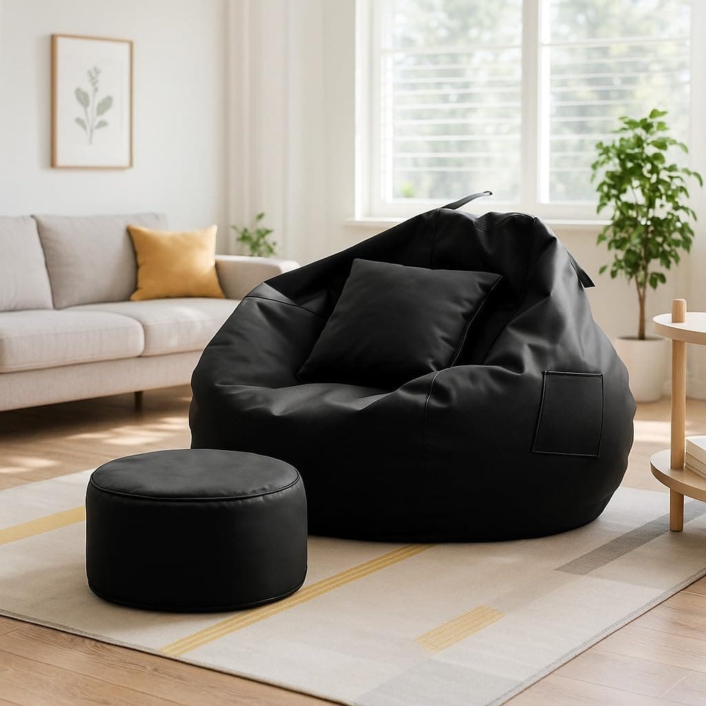 IVIKA 4XL Premium Faux Leather Bean Bag, Filled with Beans | Capacity: Upto 6 Ft Height, 120 KG Weight | (4XL - Black)