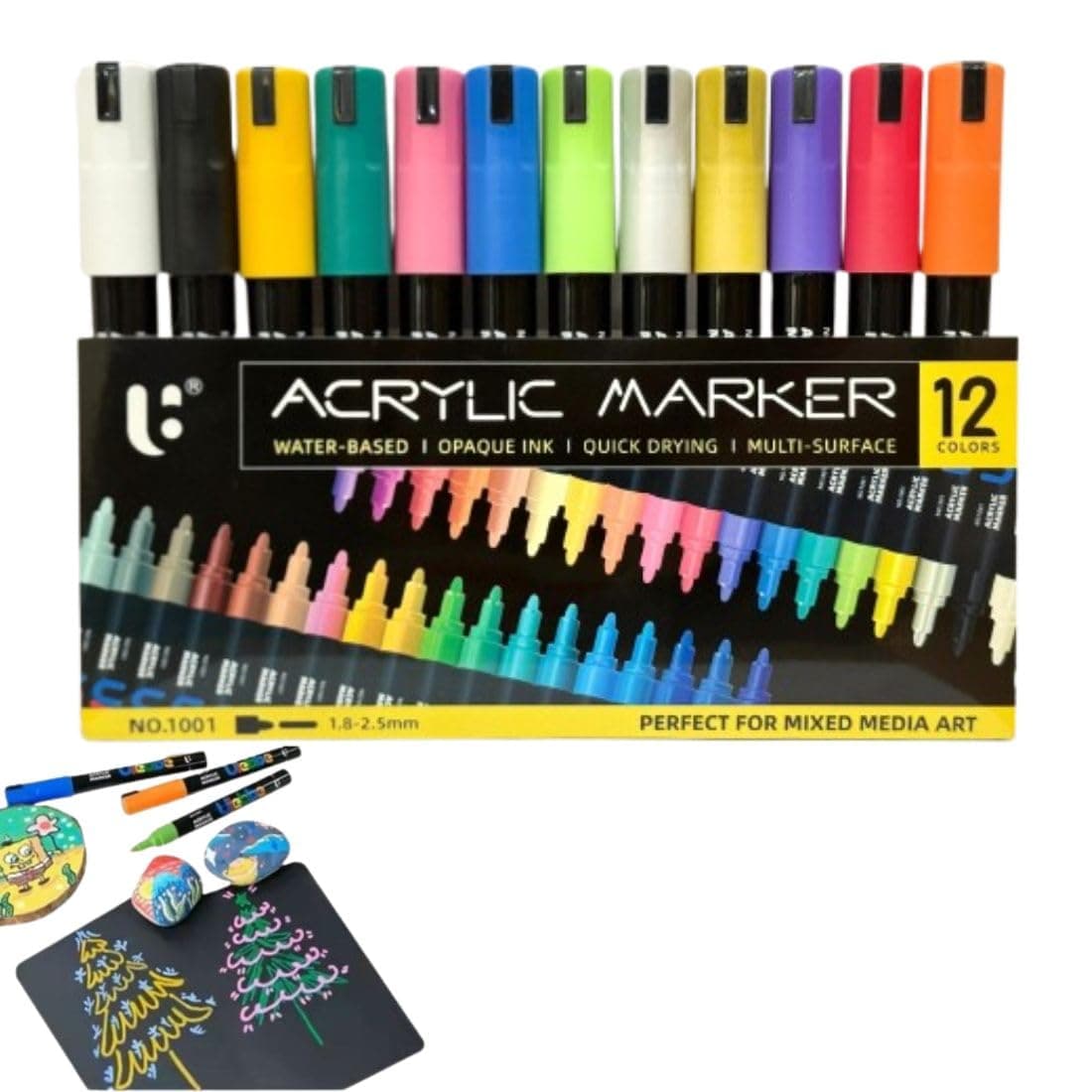 Wynhard Acrylic Marker Paint Pens Chisel Set Acrylic Colour Markers 12 Pcs Sketch Pen Set for Wood,Canvas,Stone,Rock Painting,Glass,Ceramic Surfaces,Scrapbooking,Fabric,Plastic DIY Craft,Multicolor