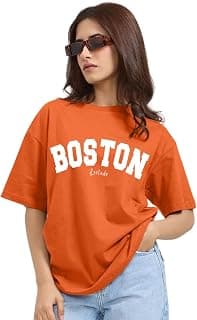LEOTUDE Oversized Loose Baggy Fit Drop Shoulder Half Sleeve Round Neck Cool Front Teddy Printed T-Shirt for Women/Girls (Color: Orange)