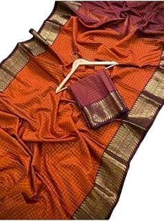 Generic Banarasi Silk Blend Saree, Orange and Purple, Checkered Pattern with Zari Border, for Women