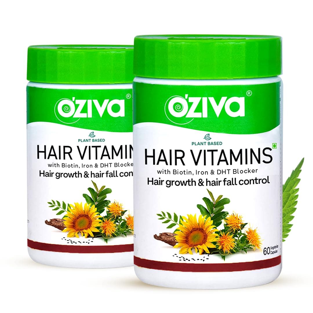 OZiva Hair Vitamins Capsules for Hair Growth |100% Natural with Biotin, Iron, DHT Blocker & Vitamin E I Clinically Proven Hair Growth Supplements for Women & Men (2 Months, Progress Pack)