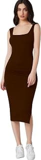 Aahwan Royal Solid Bodycon Square Neck Midi Side Split Thigh Dress for Women's & Girl's