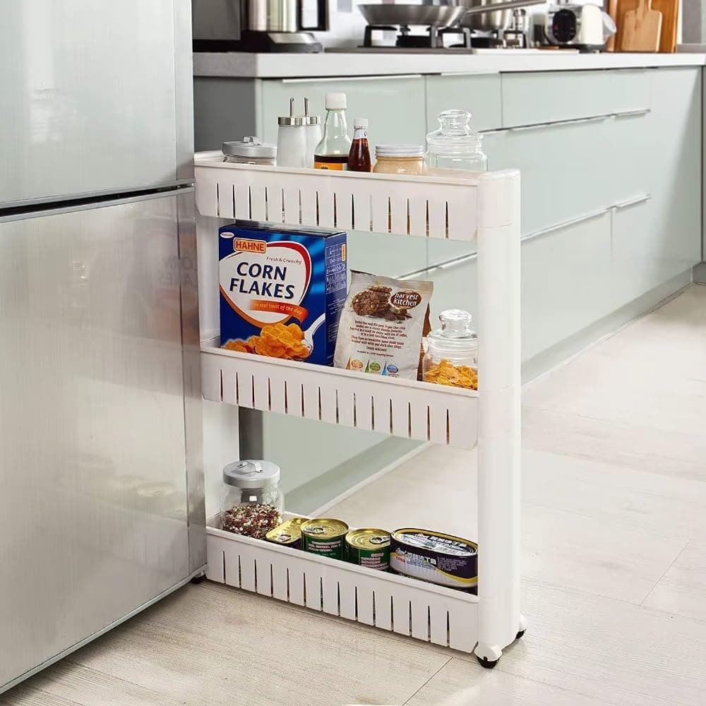 JD FRESH 3-Tier Slim Rolling Storage Organizer Rack/Fridge Side Storage Rack/Plastic Trolley Storage Stand with Wheels/Floor Standing Cabinet for Bathroom and Kitchen Corner Area (White)