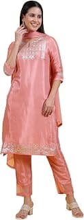 W for Woman Pink Printed Shantung Straight Kurta, Pants and Dupatta Set