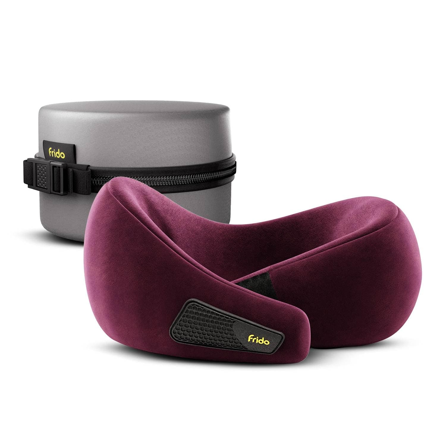 Frido Travel Neck Pillow, 100% Hi-Per Foam, Lightweight Neck Support Pillow, Neck Pillow for Flight Travel, Memory Foam Car Neck Pillow, Adjustable Velcro Straps, Free Travel Pouch (Wine)