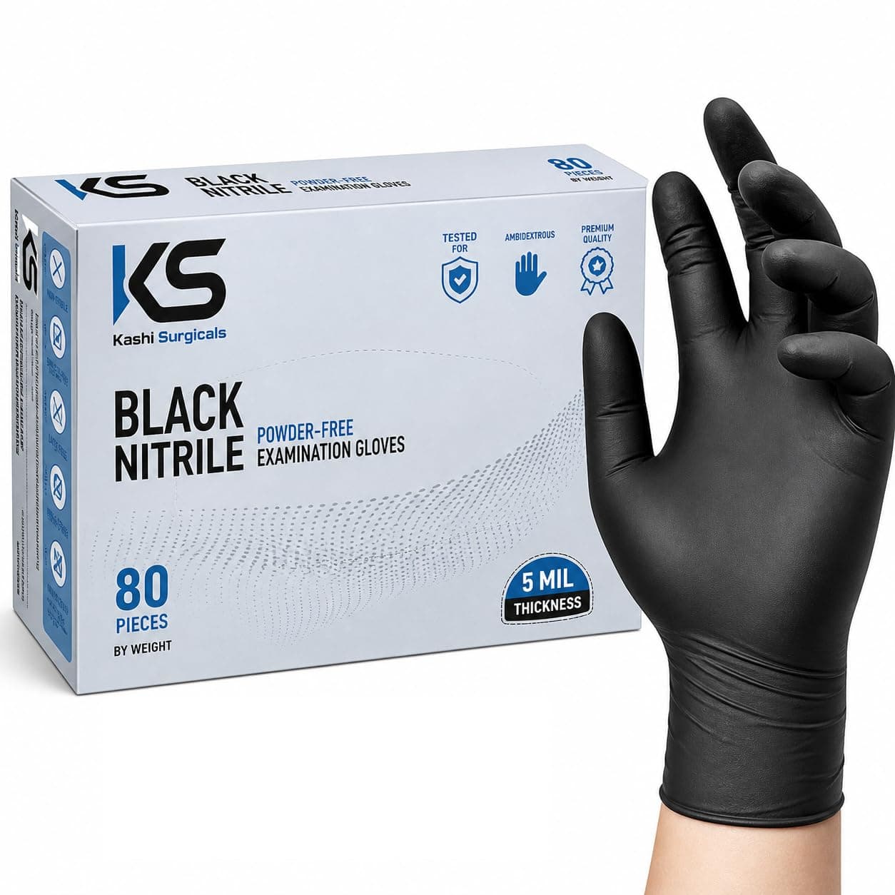 Kashi Surgicals Powder Free Nitrile Gloves, Food Grade, Made In Malaysia (Small, Black, Pack of 80) (Small)