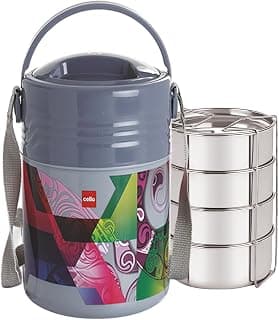 CELLO Meal Kit 4 Tier Compartment Stainless Steel Lunch Box with Insulated Jacket, 355 ml Each, Grey | Leakproof, Airithgt Insulated Jacket | Easy to Carry Steel Tiffin Meal Box for Office, Picnic