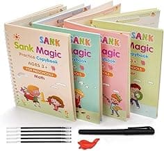 Sank Magic Practice Copybook, (4 BOOK + 10 REFILL+ 1 Pen +1 Grip) Number Tracing Book for Preschoolers with Pen, Magic Calligraphy Copybook Set Practical Reusable Writing Tool Simple Hand Lettering
