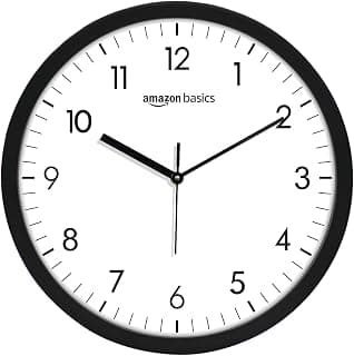 amazon basics Plastic 12-Inch Wall Clock | Analog Operation | Durable Polypropylene Construction | Silent Precision | Battery-Powered | 1-Year Warranty (Black)