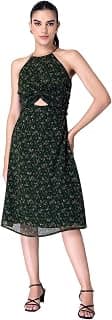 FabAlley Women's Georgette Dark Green Floral Halter Midi Dress Knee-Length