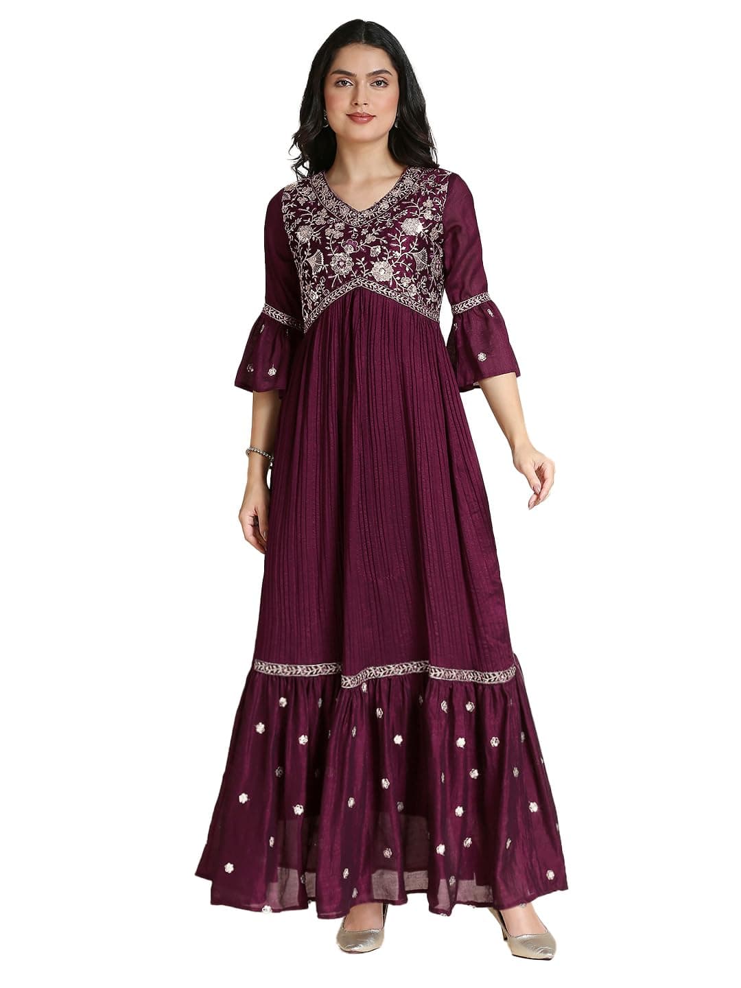 Madhuram Women's Vichitra Silk Crus Traditional Ethnic Long Gown with Sequence Embroidery Work Long Kurta(M-2445)