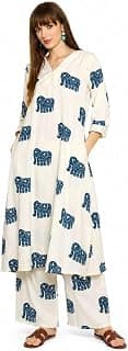 Women's Cotton Elephant printed flared kurti with V-neckline and side pockets paired with Matching PalAMzo Pant (Off White)