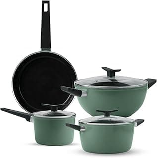 Tramontina Aura Cookware Set of 7 Kadhai 28cm with Lid, Fry Pan 24cm, Sauce Pan 16cm, Casserole 24cm with Lid | Reinforced Ceramic Non-Stick | Low-Oil Cooking | Bakelite Handle | Sea Green