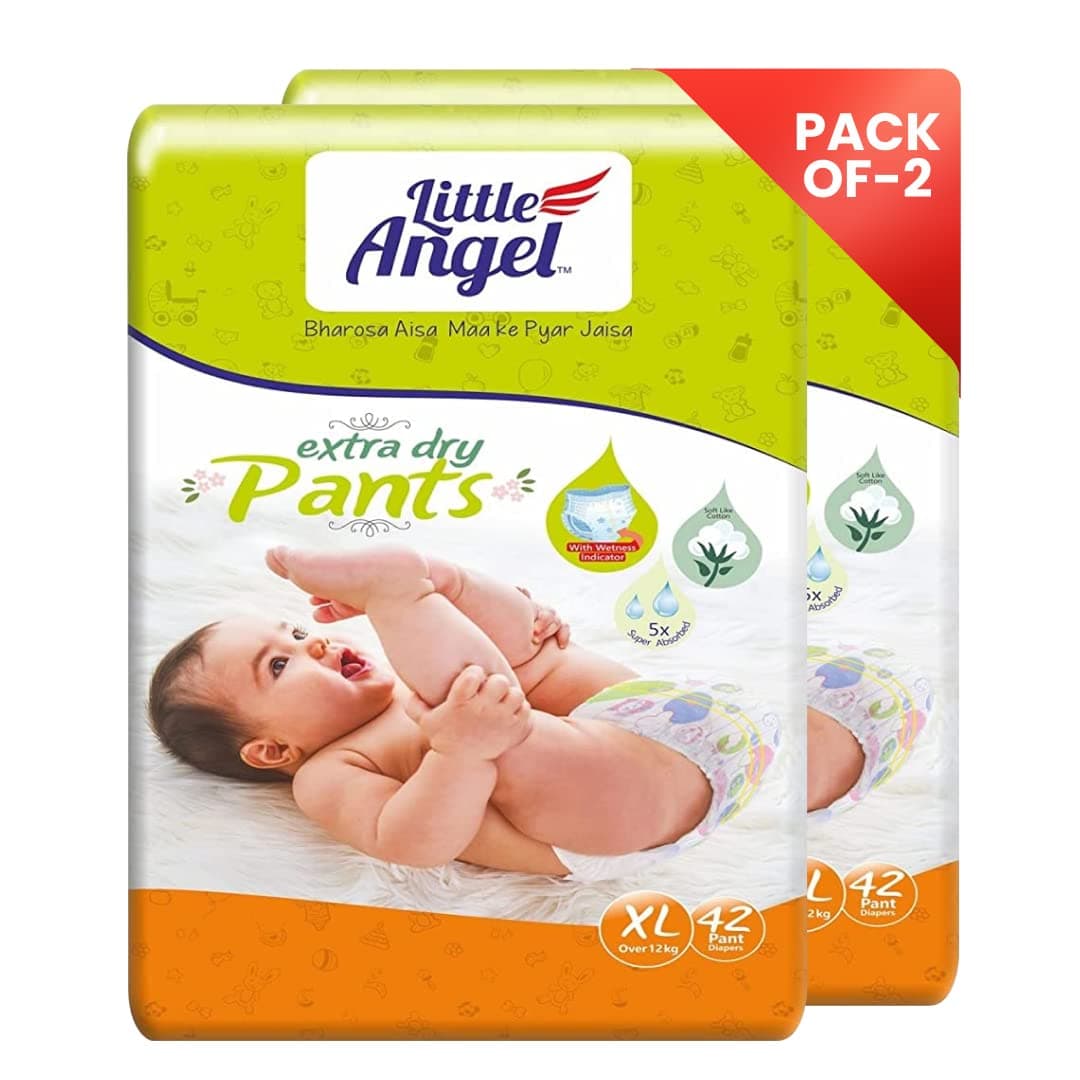 Little Angel Extra Dry Baby Pants Diaper, Extra Large (XL) Size, 84 Count, Super Absorbent Core Up to 12 Hrs Protection & Wetness Indicator, Pack of 2, 42 count/pack, Over 12kg