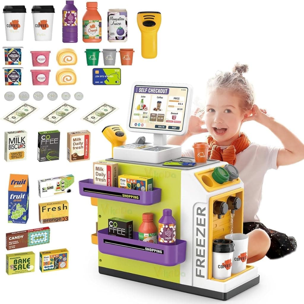 VikriDA 46-Piece Pretend Play Cash Register Toy Set with Water Outlet | Electronic Calculator, Scanner, Credit Cards, Shopping Bag, Coffee Machine & Play Food