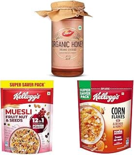 Dabur Raw Organic Honey - 500g || Kellogg's Muesli Fruit Nut & Seeds 750G || Kellogg's Corn Flakes Real Almond Honey 1kg