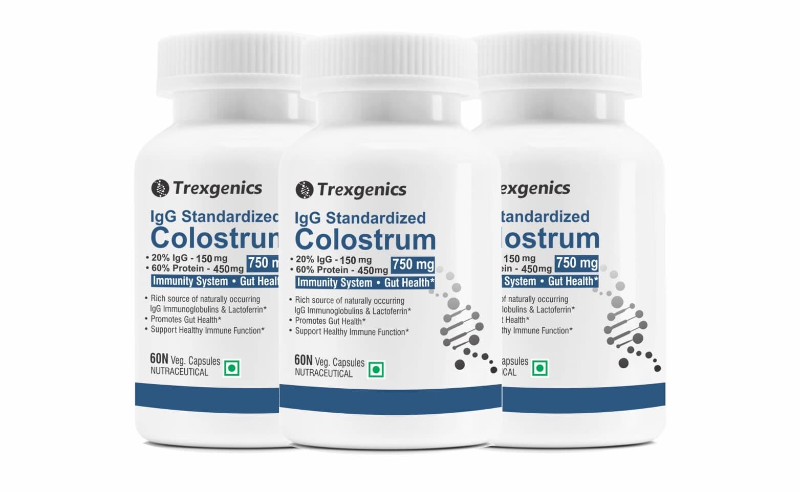 Trexgenics COLOSTRUM 750 mg, 20% IgG, 60% Protein, Immunity, Gut Health Support VEGETARIAN & NON-GMO (60 Veg. Capsules) (Pack of 3)