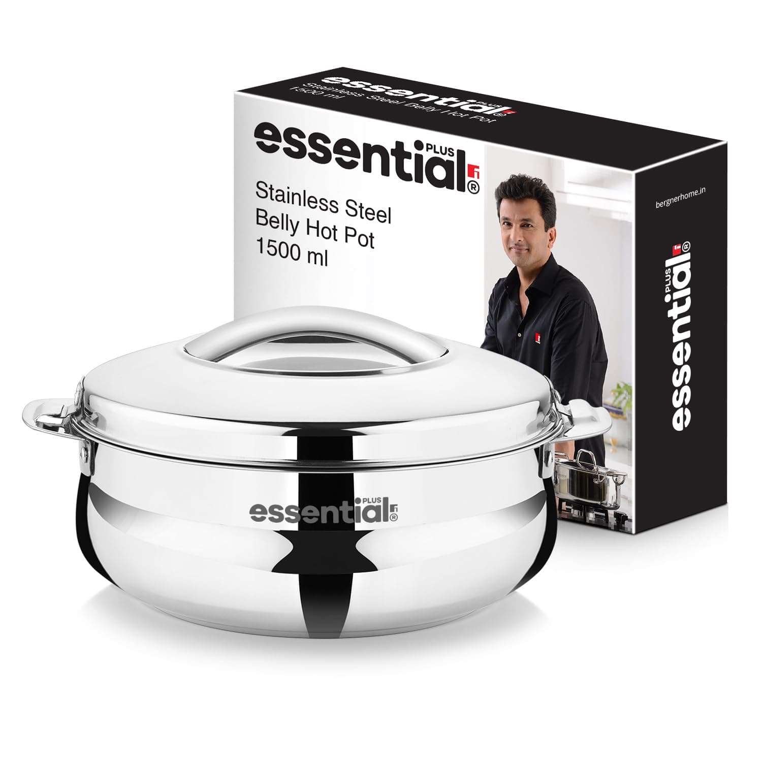 BERGNER Essential Plus Stainless Steel Belly Shape Hot Pot 1500ml, Double Wall Roti Casserole, Food Grade, Hot and Cold Storage, for Rotis/Parathas/Pulao/Biryani, Hot for Hours, Easy to Clean