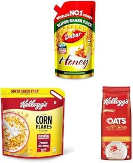 Dabur Honey - 750g Easy Use Spout Pouch, Kellogg's Corn Flakes Original 1.2kg/1.15kg and Kellogg's Oats 2kg